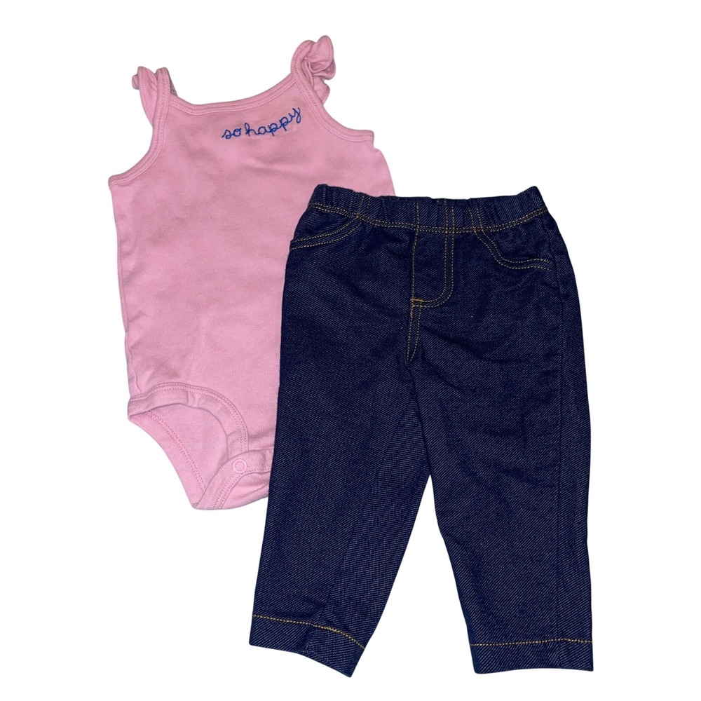 Carter's Bodysuit and Leggings Set Baby Girl 6M Pink Denim Ruffle So Happy